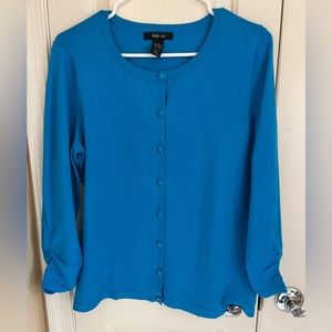 Style & Co bright blue cardigan with ruched sleeves and jeweled buttons.